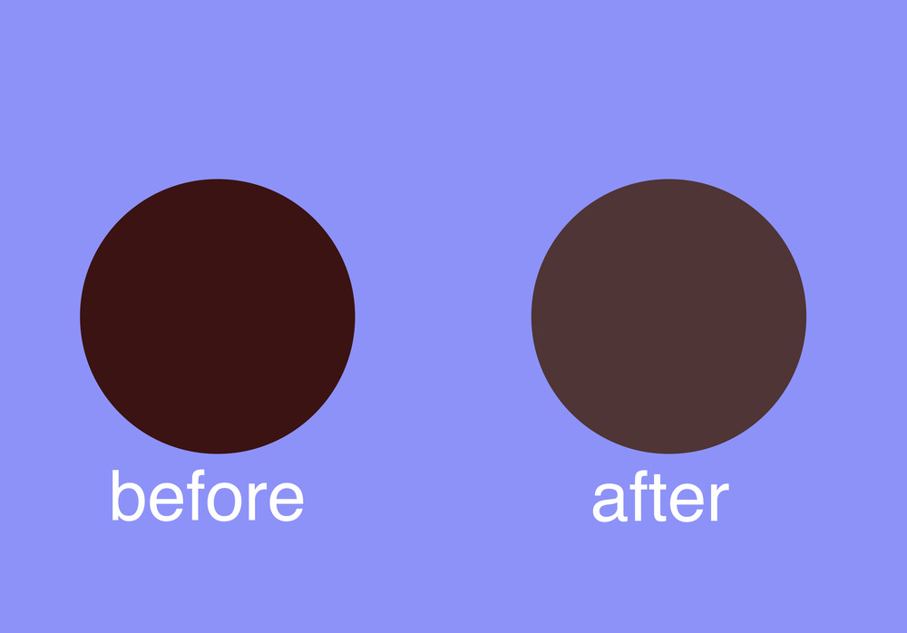 two colored circles. one is a more rich, saturated brown with the word ’before’ under it. the other is a less saturated, grayer brown color with the word ’after’ underneath.