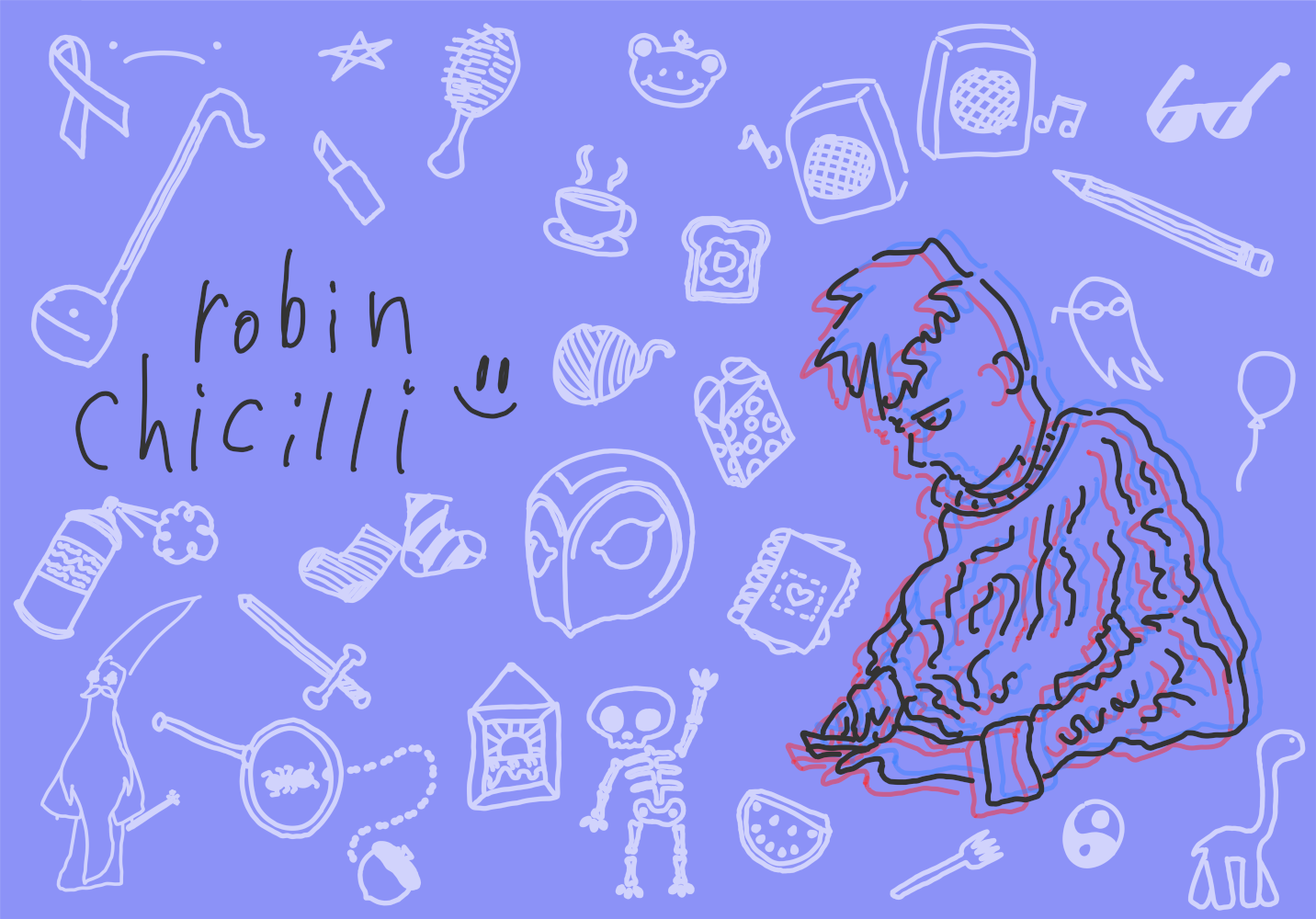 The website's banner: A doodle of Robin on the right, and the text 'robin chicilli' on the left.